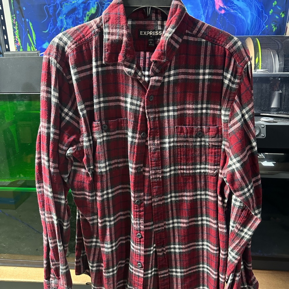 Express Men's Casual Red and Black Plaid Shirt